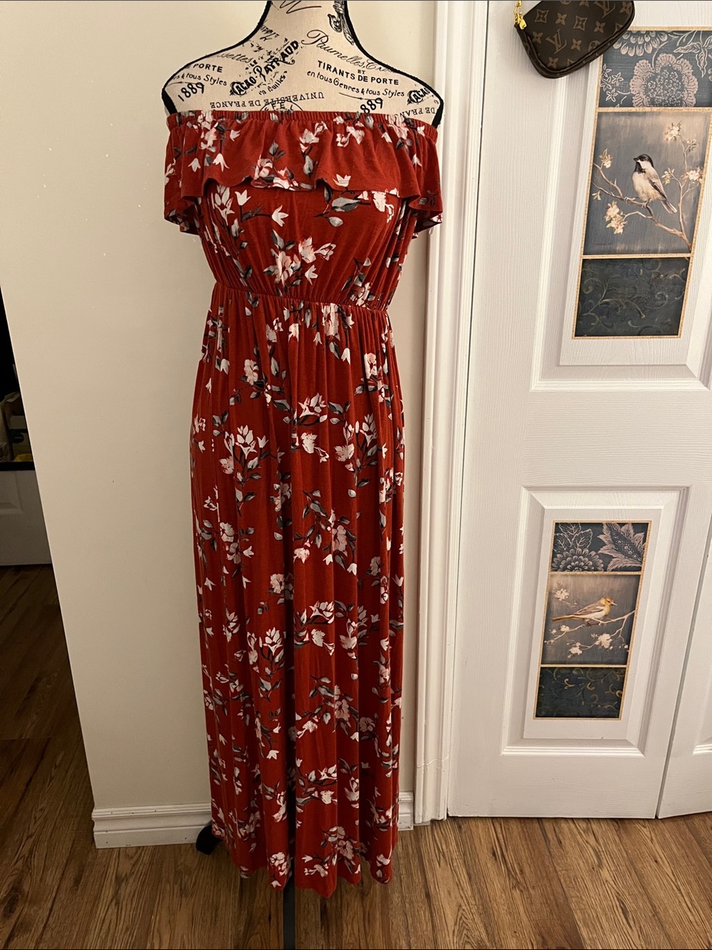 Off-Shoulder Floral Maxi Dress in Rust Red